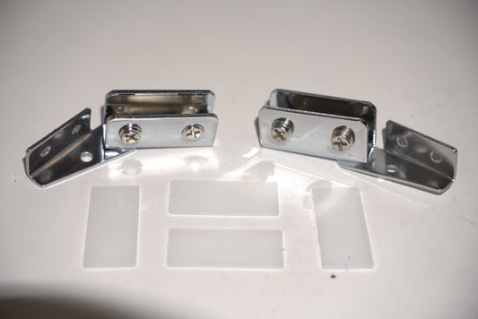 Showcase side mount hinges for top and bottom glass panels, featuring durable metal construction from Best Glass Parts.
