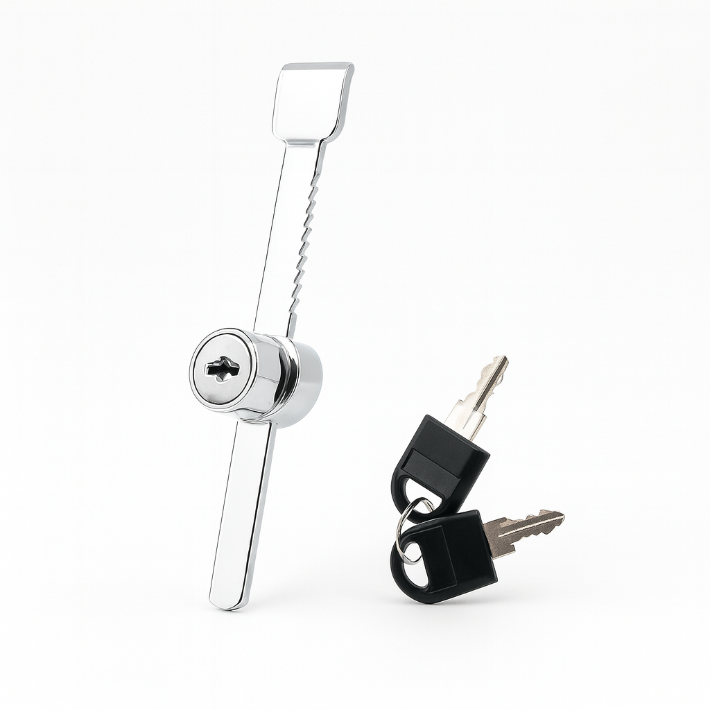 Showcase Slider Lock from Best Glass Parts, featuring a secure glass door lock mechanism with metal components and mounting hardware.