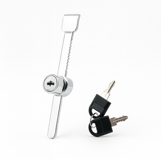 Showcase Slider Lock from Best Glass Parts, featuring a secure glass door lock mechanism with metal components and mounting hardware.