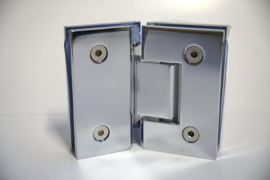 Glass-to-glass hinge for shower doors, Standard GEN Hinge 135 from Best Glass Parts, shown in a close-up view.