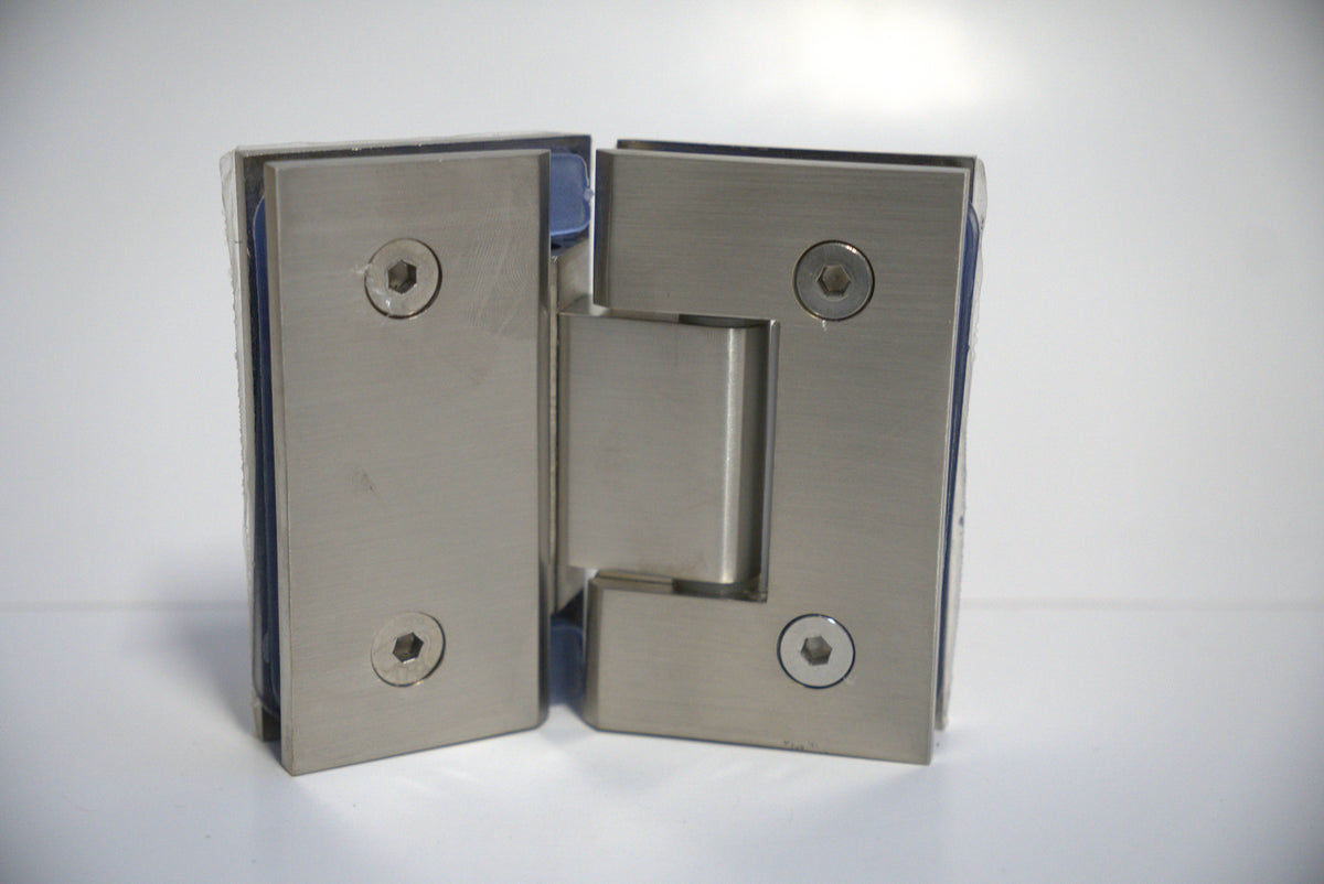 Glass-to-glass standard hinge for shower enclosures, model GEN Hinge 135, by Best Glass Parts, showing polished chrome finish and mounting details.