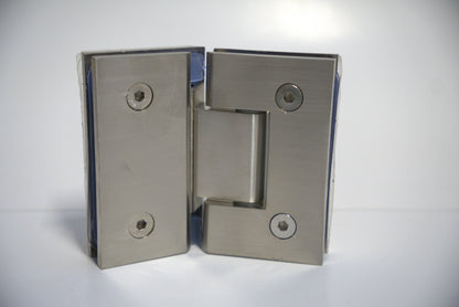 Glass-to-glass standard hinge for shower enclosures, model GEN Hinge 135, by Best Glass Parts, showing polished chrome finish and mounting details.