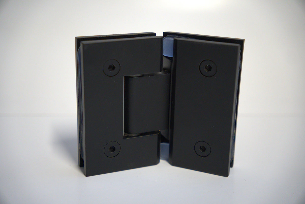 Glass to glass hinge for shower doors, Standard GEN Hinge 135 from Best Glass Parts, showing the metal hinge and glass panels.