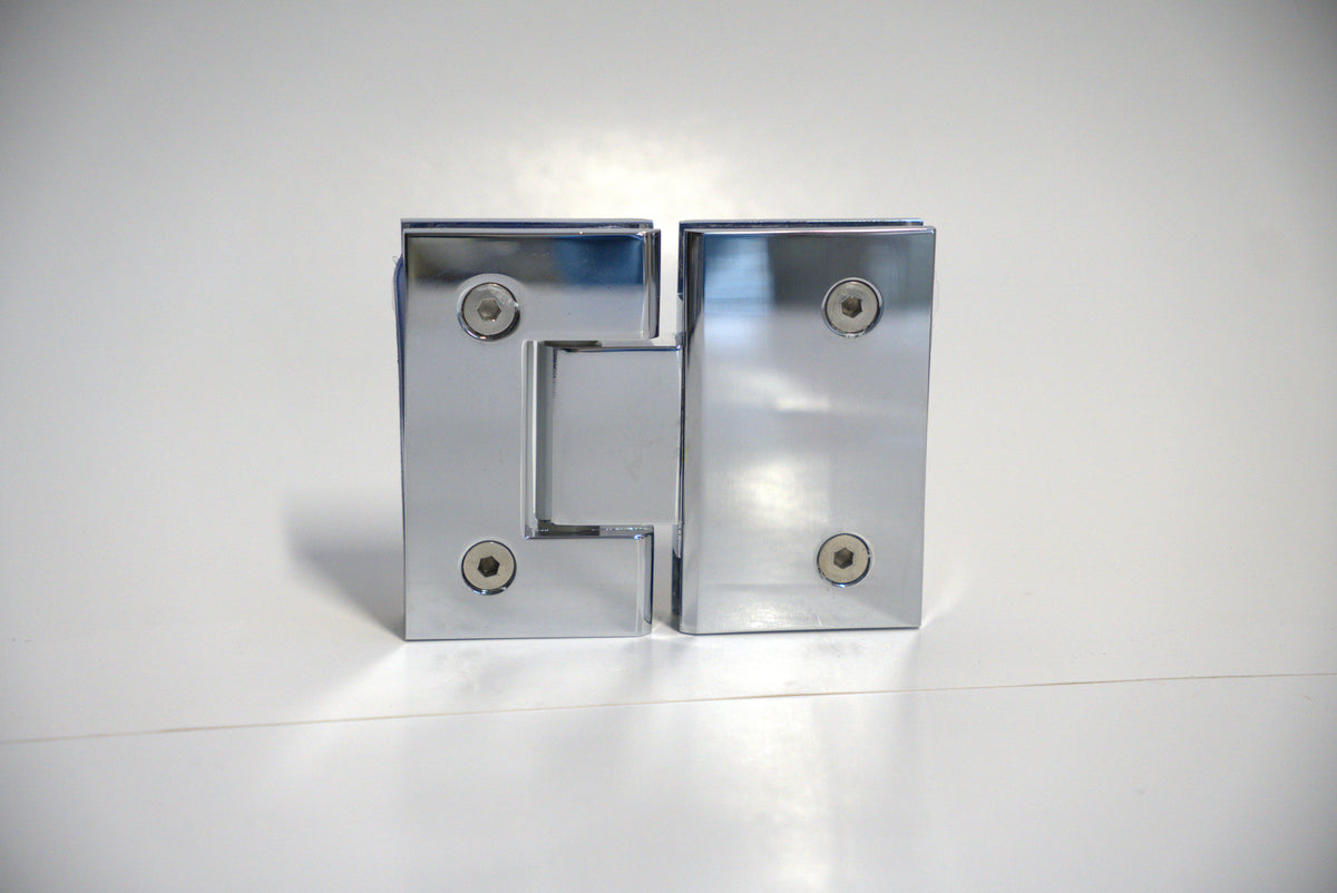 Glass-to-glass hinge for shower doors, Standard GEN Hinge 180 from Best Glass Parts, showing the hinge mechanism and mounting plates.