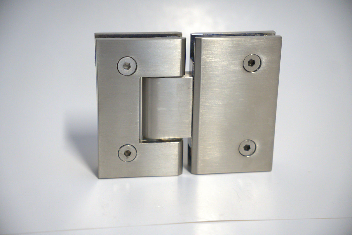 Glass-to-glass standard hinge for shower doors, 180-degree swing, by Best Glass Parts, suitable for frameless shower enclosure.