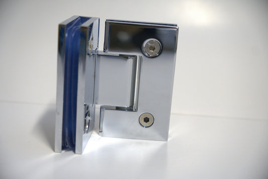 Glass-to-glass 90-degree standard hinge by Best Glass Parts, showing the metal hinge with mounting screws for shower enclosure.