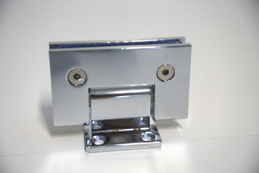 Standard GEN hinge wall-to-glass short plate by Best Glass Parts, showing the metal hinge mounted on a glass panel.