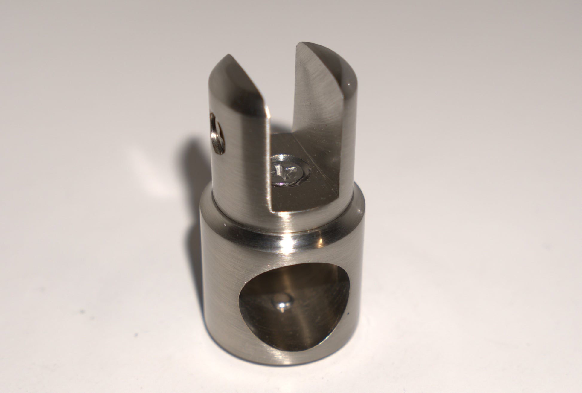 Support bar clamp for glass to rod, half-open design, by Best Glass Parts, shown holding glass securely in place.