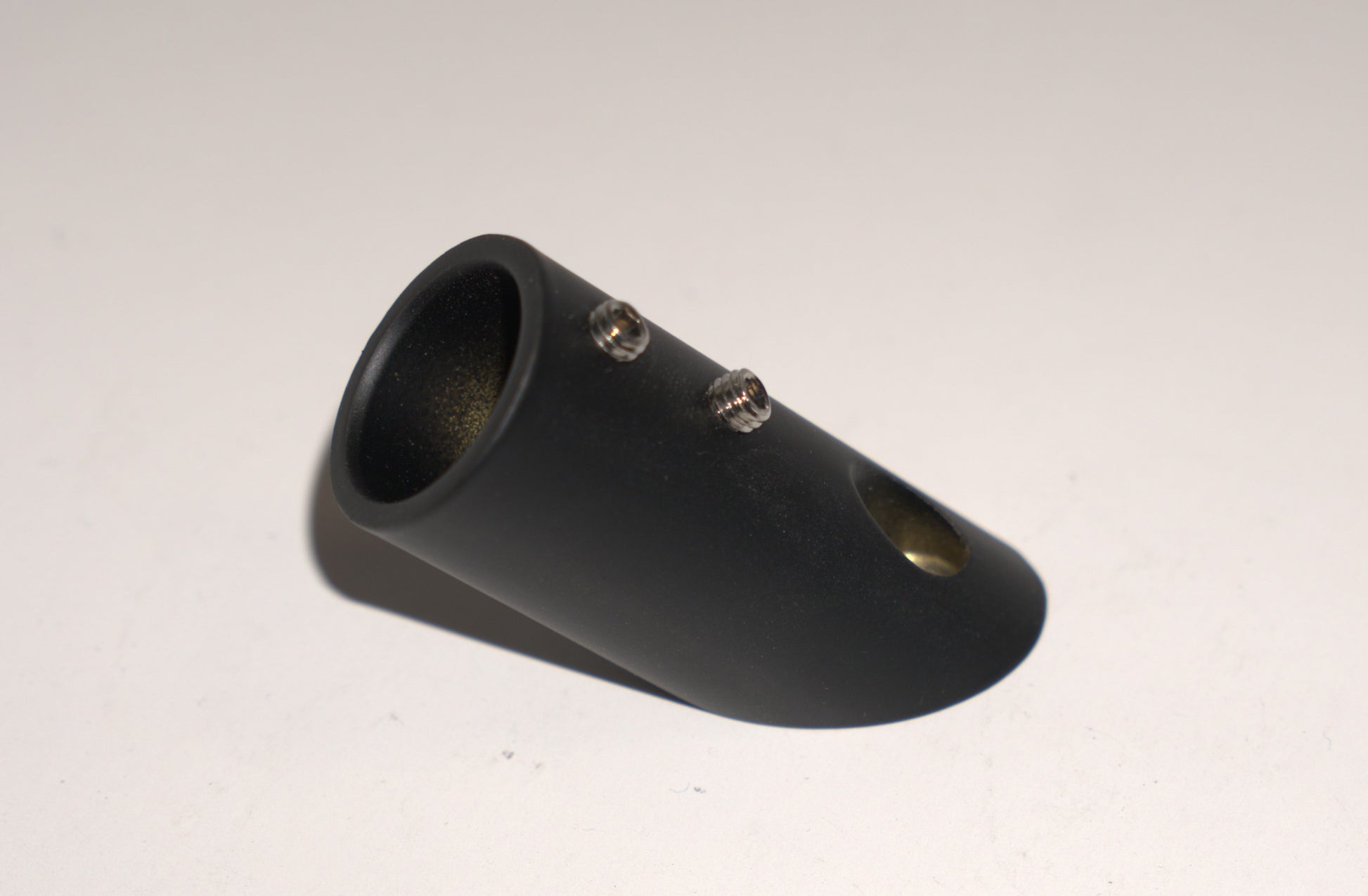 Black 45-degree support bar flange for wall-to-rod shower glass installation by Best Glass Parts.