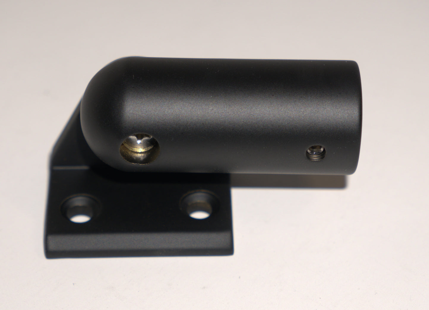 Adjustable wall support bar flange for shower rods by Best Glass Parts, black finish, mounted on wall with rod inserted.