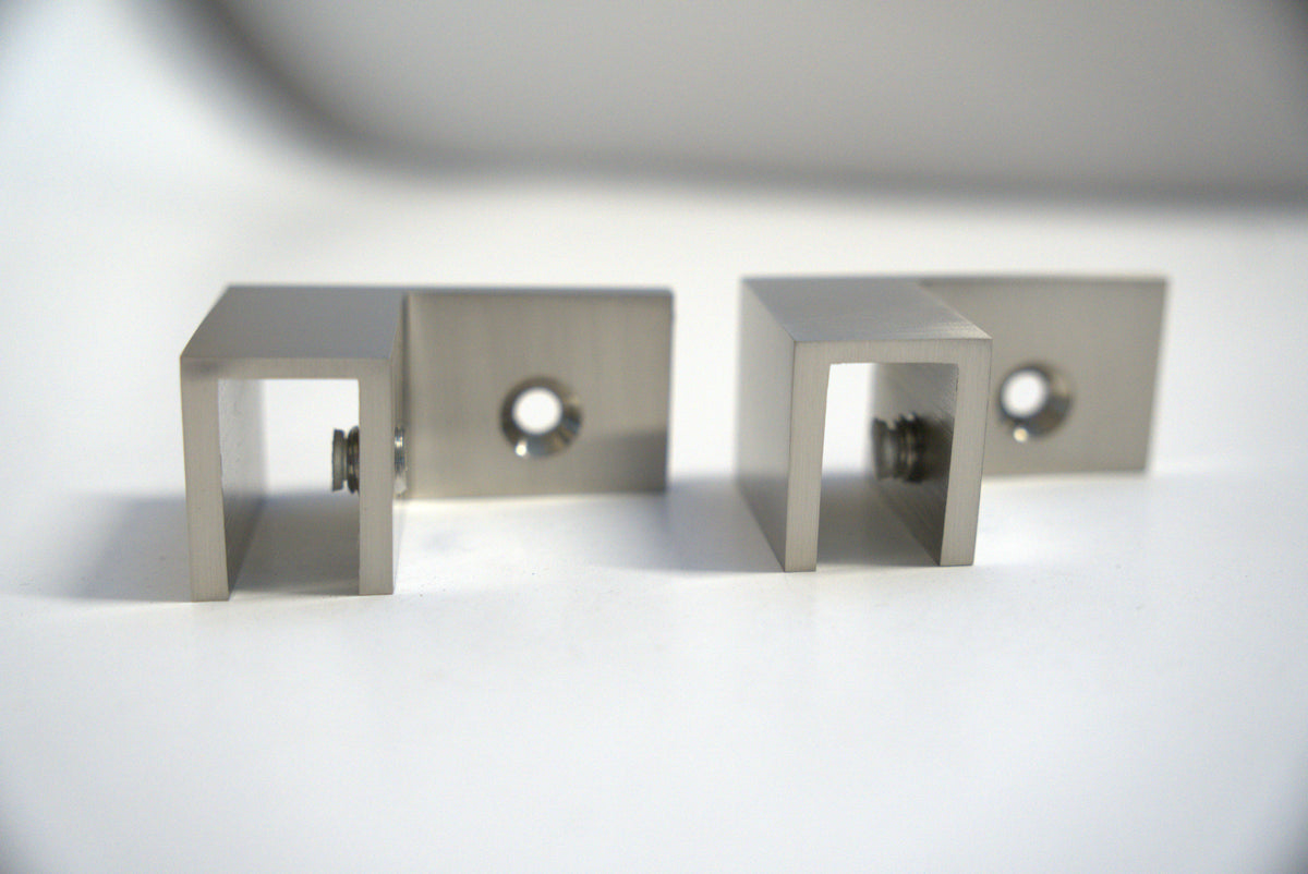 Right-side Top Clamp 90 from Best Glass Parts, showing the stainless steel clamp with mounting holes for glass installation.