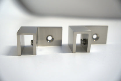 Right-side Top Clamp 90 from Best Glass Parts, showing the stainless steel clamp with mounting holes for glass installation.