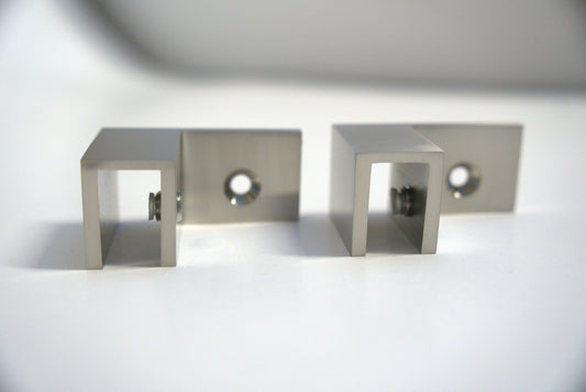 Right-side Top Clamp 90 from Best Glass Parts, showing the stainless steel clamp with mounting holes for glass installation.