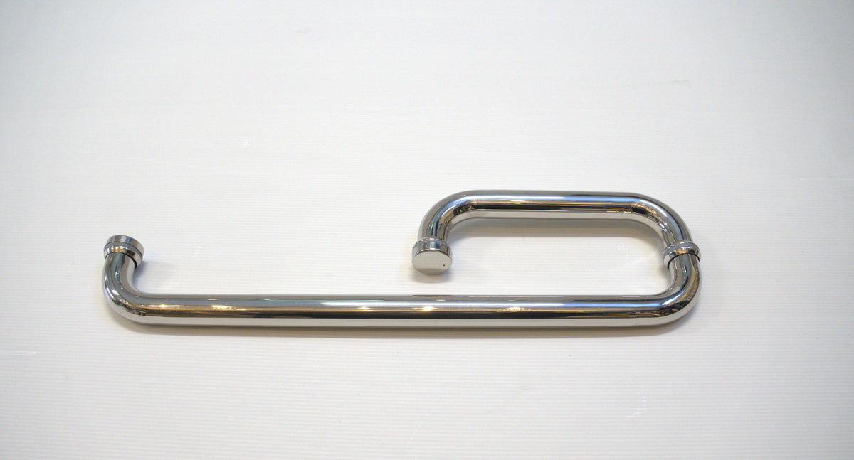 Round 6-inch by 18-inch towel bar return handle by Best Glass Parts, chrome finish, mounted on bathroom wall.