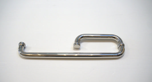 Round 6-inch by 18-inch towel bar return handle by Best Glass Parts, chrome finish, mounted on bathroom wall.