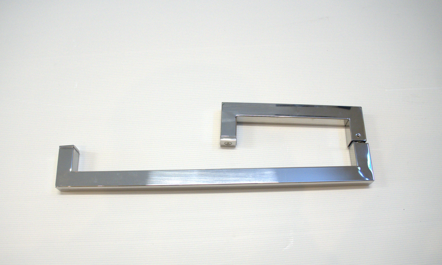 Square 6-inch by 18-inch towel bar return handle in chrome finish, designed for bathroom glass shower enclosures by Best Glass Parts.