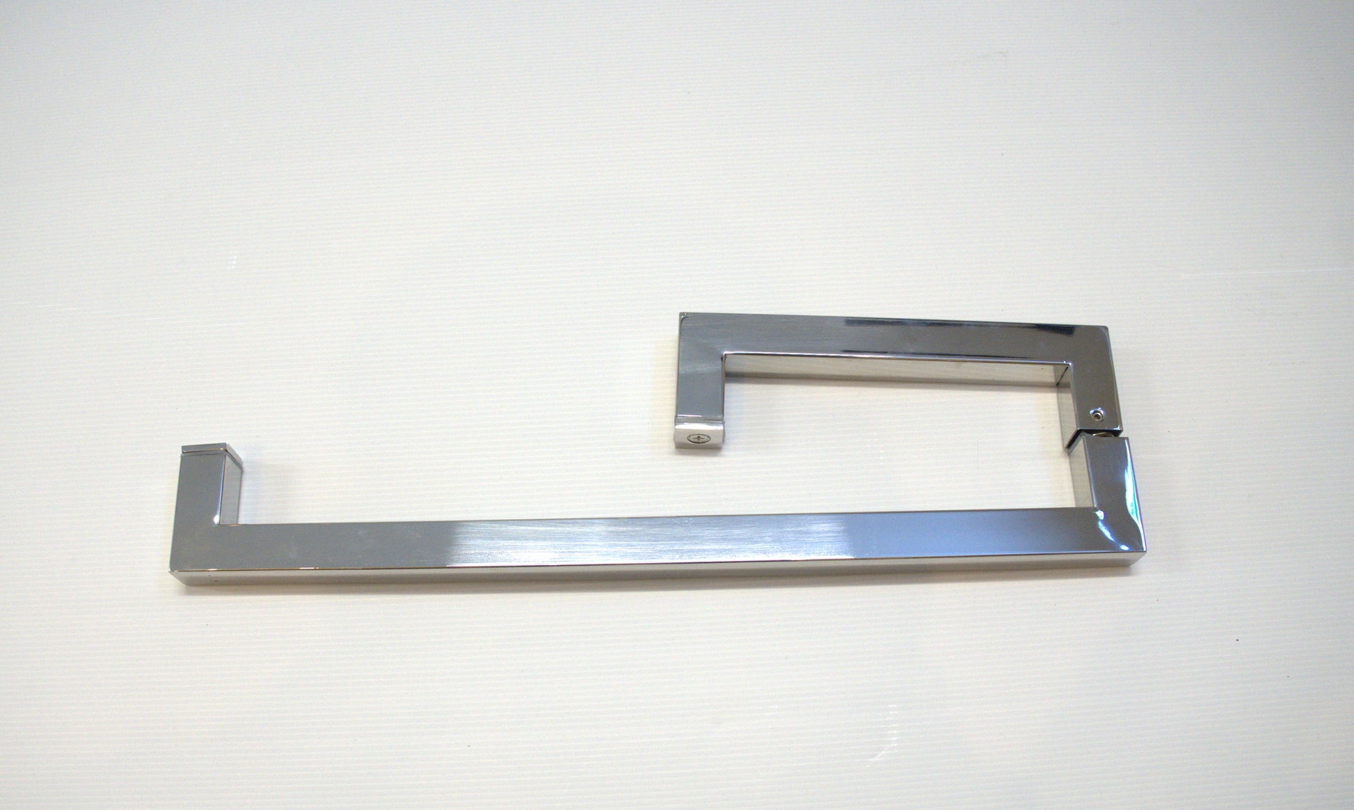 Square 6-inch by 18-inch towel bar return handle in chrome finish, designed for bathroom glass shower enclosures by Best Glass Parts.