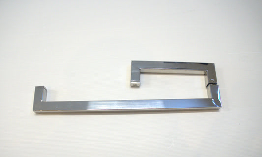 Square 6-inch by 18-inch towel bar return handle in chrome finish, designed for bathroom glass shower enclosures by Best Glass Parts.