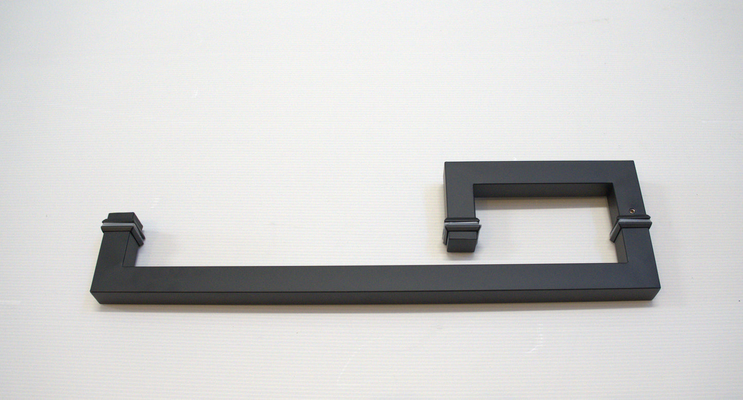 Square 8-inch by 18-inch towel bar return handle by Best Glass Parts, showcasing the sleek black finish and modern design.