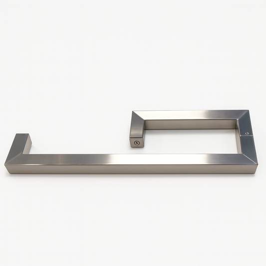 Square 8" x 18" towel bar return handle by Best Glass Parts, showcasing sleek metal finish and modern design for bathroom or kitchen.