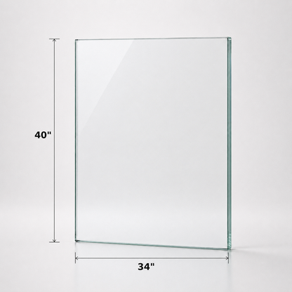 Tempered glass railing panel, 40 inches high, 12mm thickness, from Best Glass Parts, with clear, smooth glass surface and polished edges.