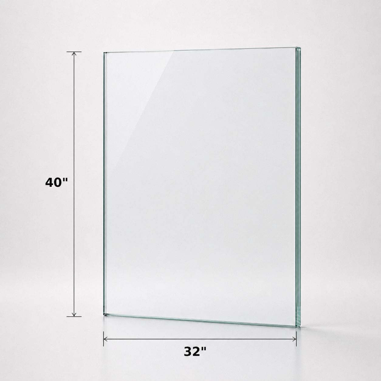 12mm tempered railing glass panel, 40 inches high, by Best Glass Parts, shown with smooth transparent surface and polished edges.