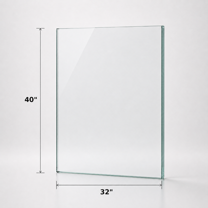 12mm tempered railing glass panel, 40 inches high, by Best Glass Parts, shown with smooth transparent surface and polished edges.