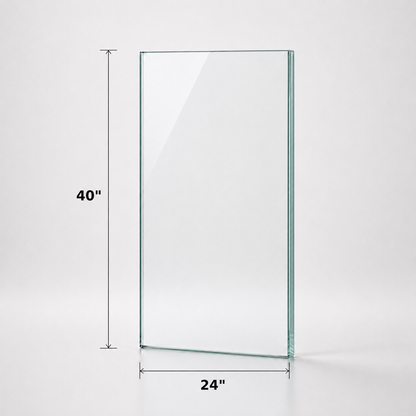 12mm tempered glass panel for railing, 40 inches high, by Best Glass Parts, shown with transparent, smooth surface and clean edges.