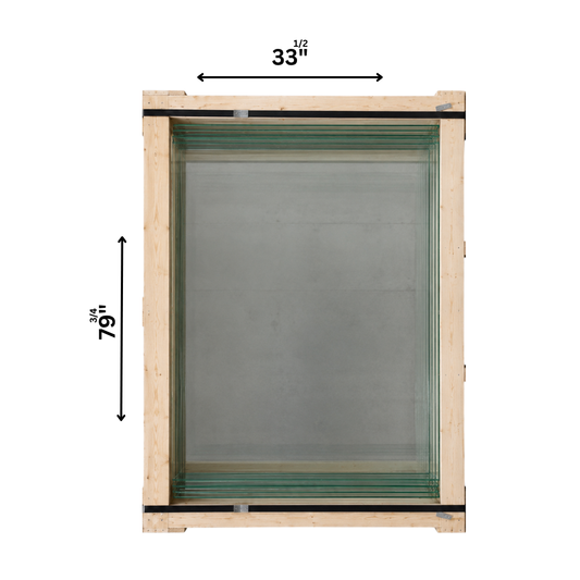 Clear laminated glass sheet, 10mm thick, measuring 33.5 x 79.75 inches, from Best Glass Parts, shown in the image.