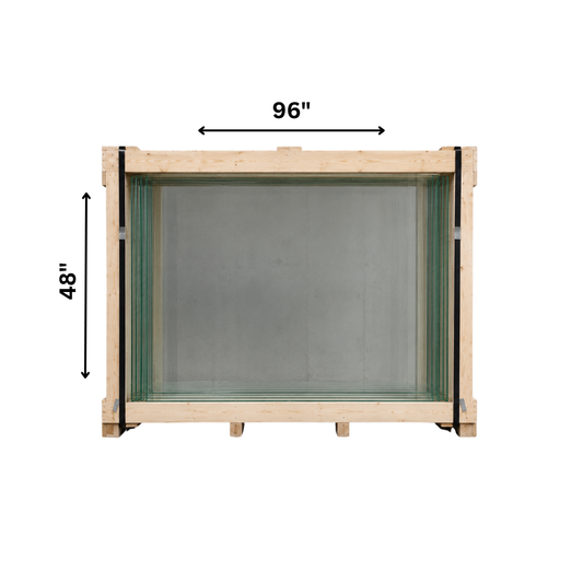 Clear 10mm laminated glass sheets from Best Glass Parts, 96x48 inches, 30 sheets in crate, showing transparent surface and edges.