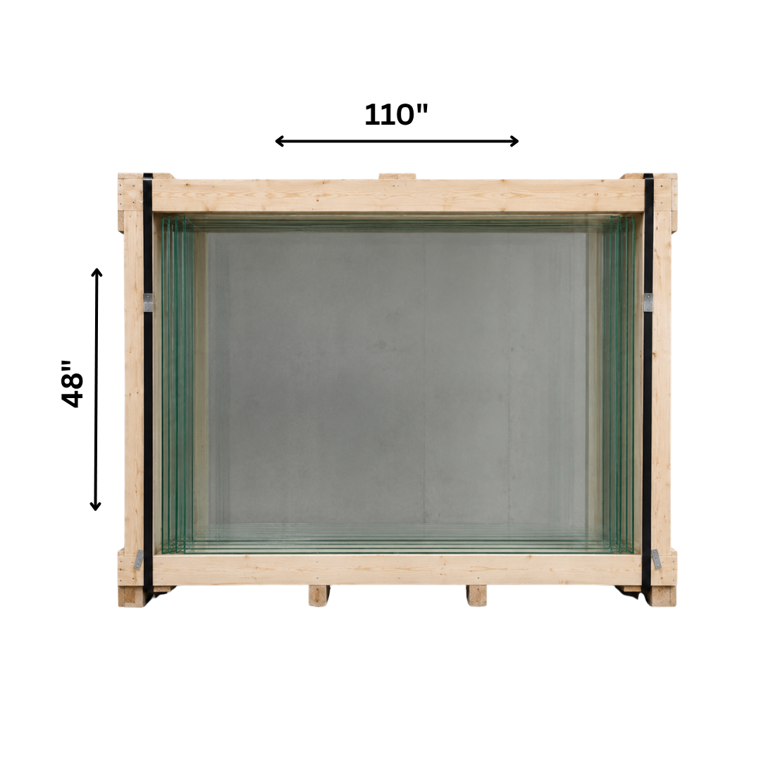 10mm laminated clear glass sheets, 110x48 inches, from Best Glass Parts, displayed in a crate with 25 sheets.