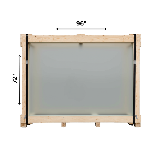 Frosted 3mm glass sheet 96x72 inches from Best Glass Parts, with 65 sheets in crate, showcasing textured, semi-transparent surface.