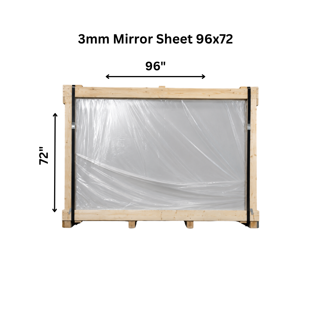 3mm mirror sheet from Best Glass Parts, 96x72 inches, showing reflective surface with multiple sheets stacked together.