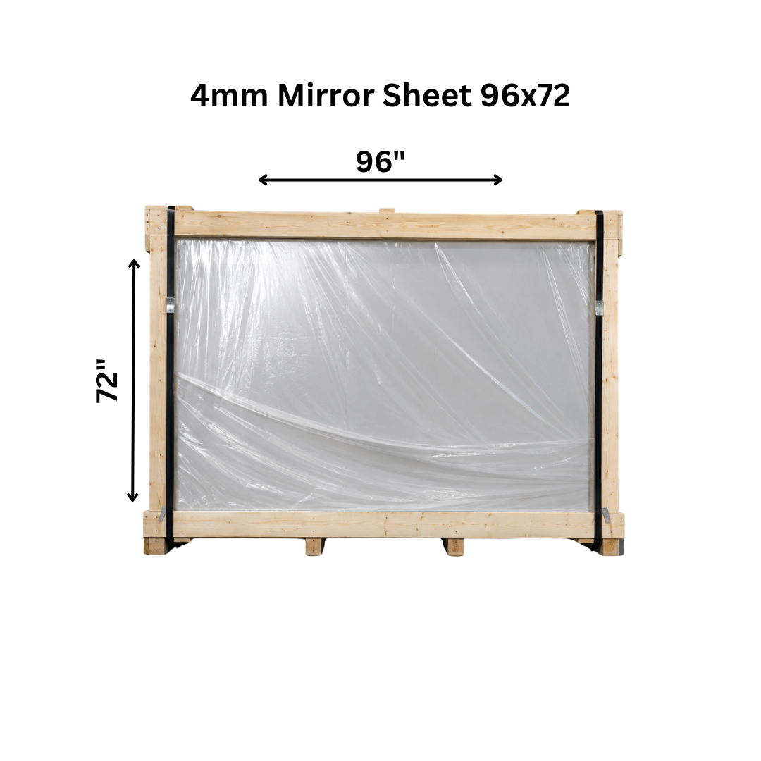 Four millimeter mirror sheet from Best Glass Parts, 96x72 inches, showing reflective surface and multiple sheets stacked together.