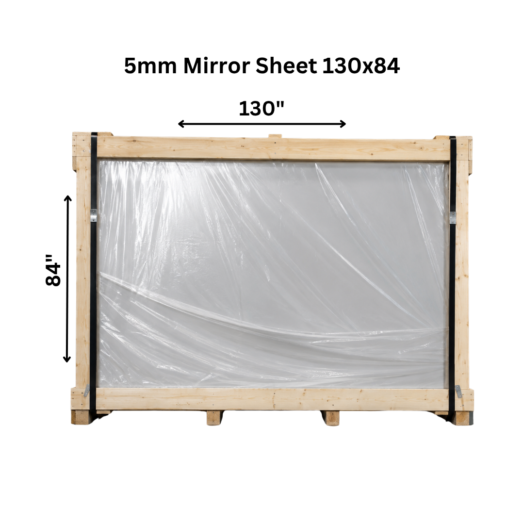 A sheet of 5mm thick mirror glass measuring 130x84 cm from Best Glass Parts, shown on a white background.