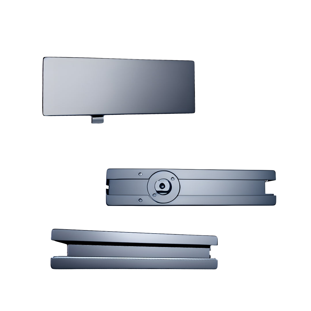 Brushed nickel bottom floor hinge for glass shower doors, high-quality hardware from Best Glass Parts.