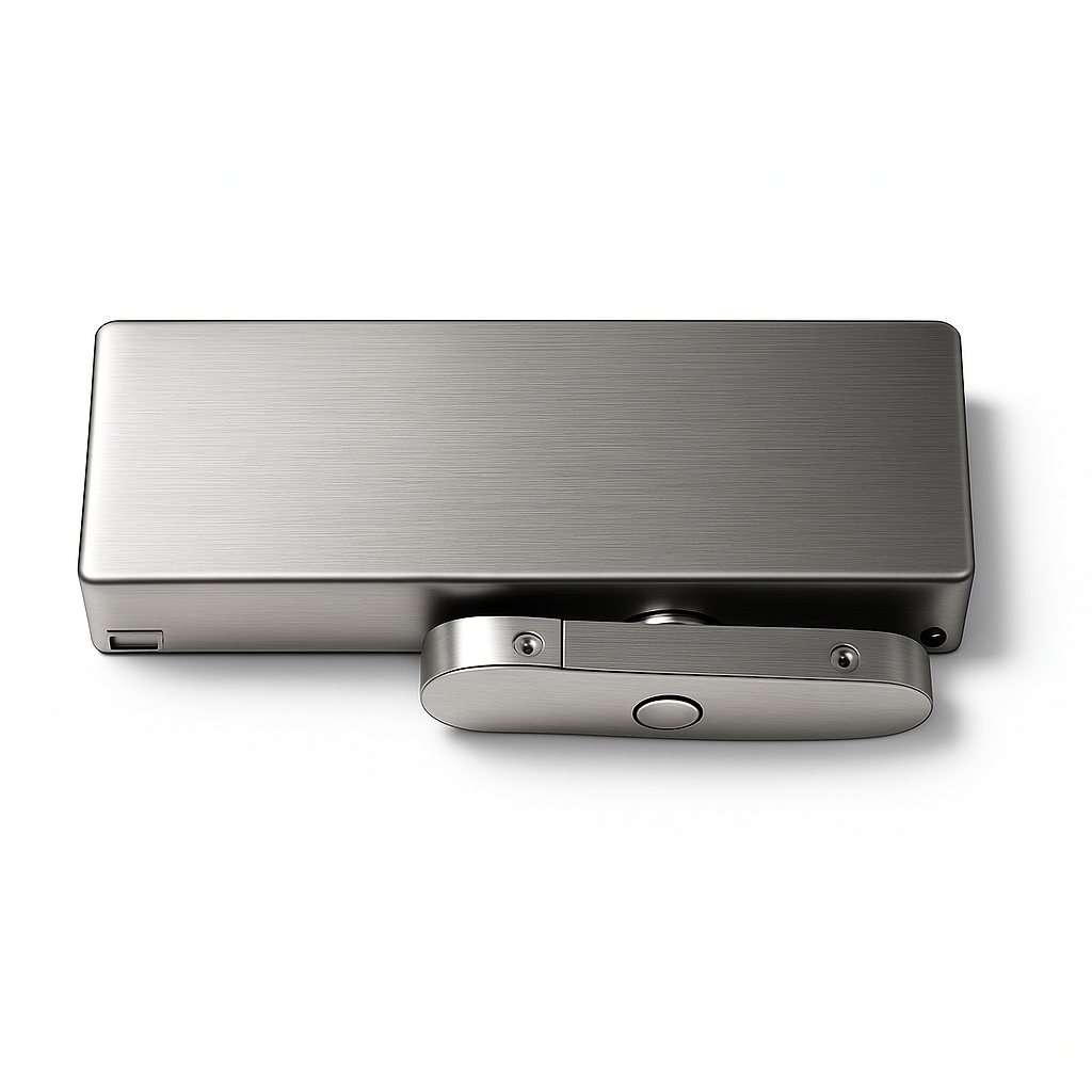 Brushed nickel bottom floor hinge for glass shower doors, by Best Glass Parts, showing the hinge's sleek design and mounting details.