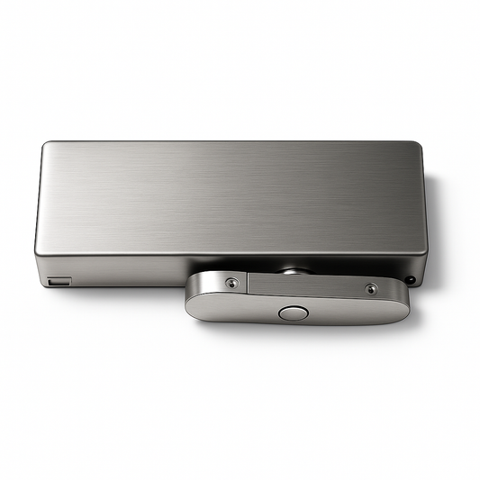Brushed nickel bottom floor hinge for glass shower doors, by Best Glass Parts, showing the hinge's sleek design and mounting details.