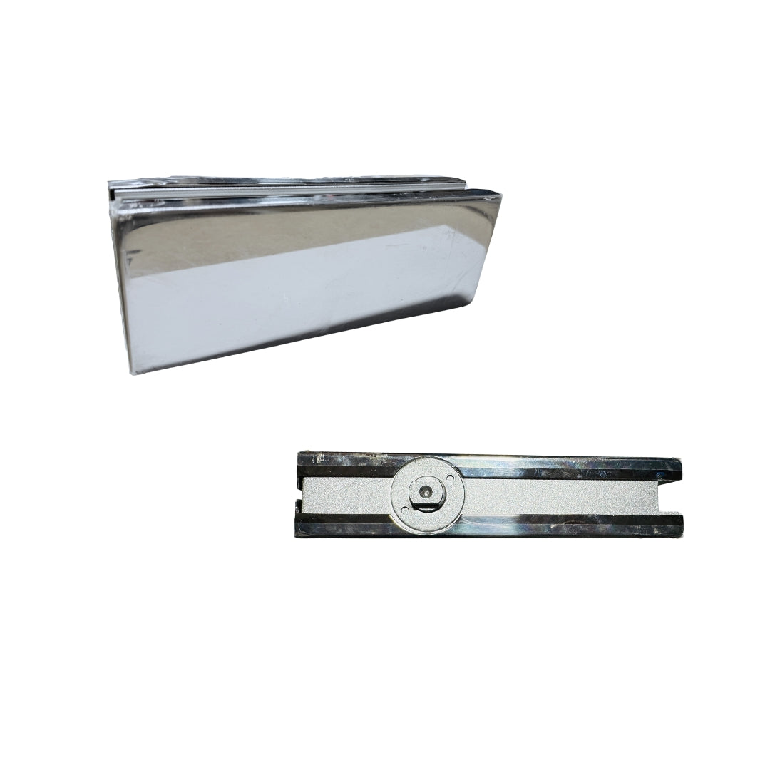 Chrome bottom floor hinge for glass shower doors from Best Glass Parts, showing its sleek, polished metal design.