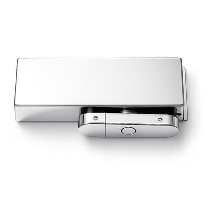 Chrome bottom floor hinge by Best Glass Parts, showcasing a sturdy metal hinge designed for glass door installation.