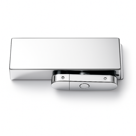 Chrome bottom floor hinge by Best Glass Parts, showcasing a sturdy metal hinge designed for glass door installation.