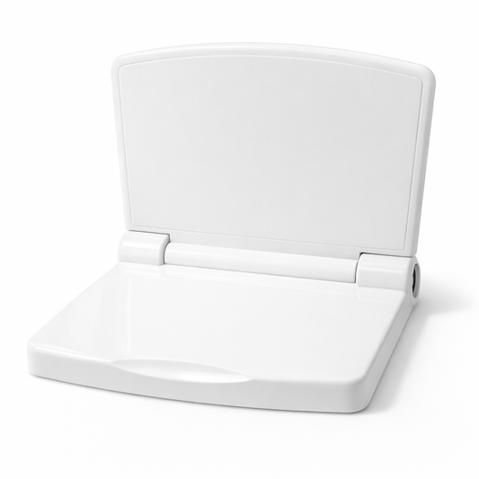 Wall-mounted fold-down shower seat from Best Glass Parts, showing the sleek, foldable design and sturdy mounting brackets.