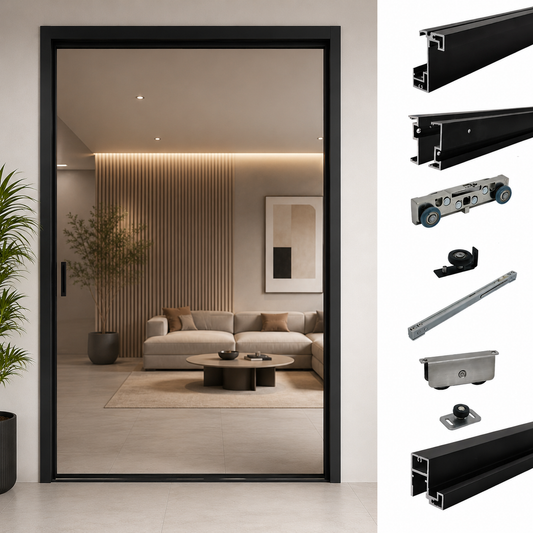 Ghost sliding door system by Best Glass Parts with invisible track, showcasing sleek modern design and hardware for smooth operation.