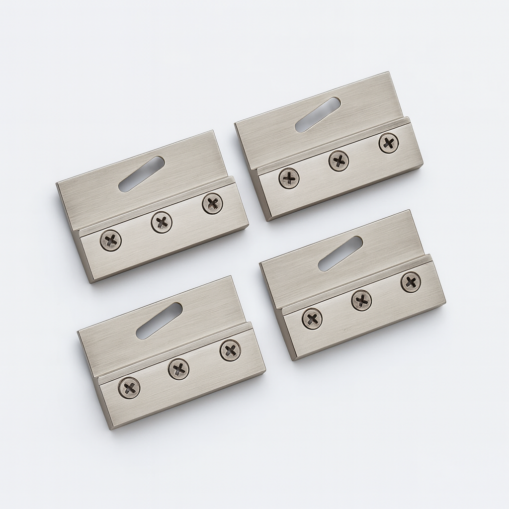 Set of four brushed nickel glass clamps by Best Glass Parts, showing secure hold and sleek design for glass railing or display use.