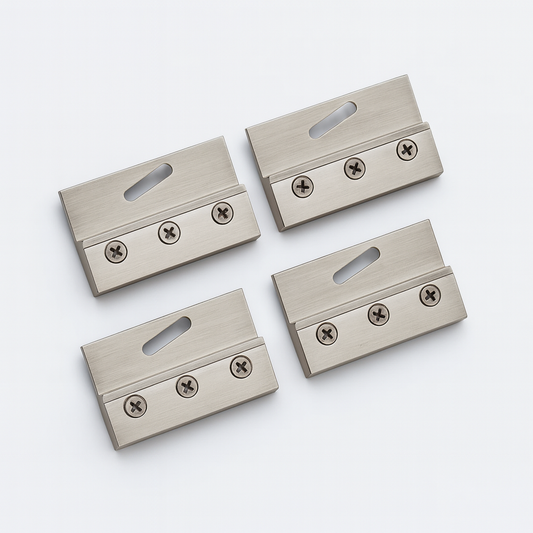 Set of four brushed nickel glass clamps by Best Glass Parts, showing secure hold and sleek design for glass railing or display use.