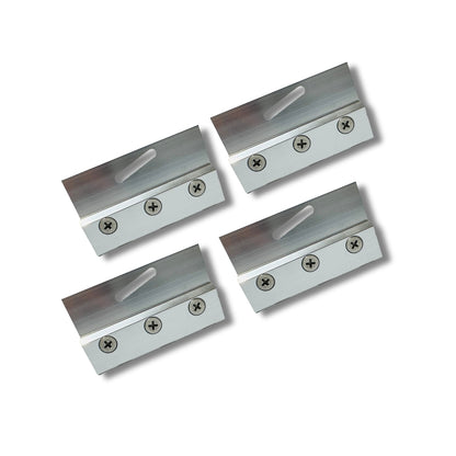 Set of four chrome glass clamps from Best Glass Parts, showcasing sleek, sturdy metal hardware for securing glass panels.