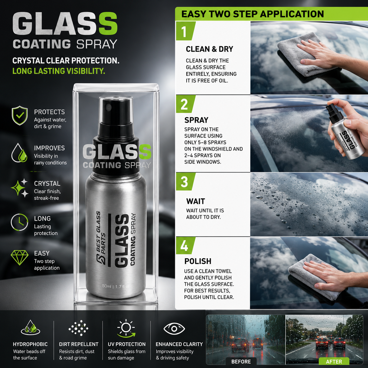 Best Glass Parts glass coating spray bottle with nozzle for protecting glass surfaces and enhancing clarity.