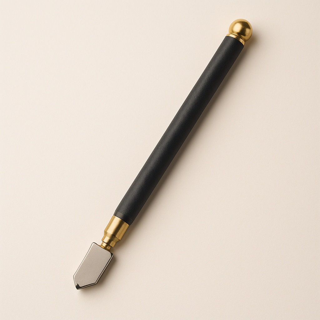 Black glass diamond cutter pencil with metal handle from Best Glass Parts, showing the precision tip for glass cutting.