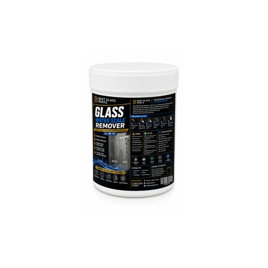 Best Glass Parts water scale remover for glass surfaces, showing a clear bottle with liquid cleaner and a spray nozzle.