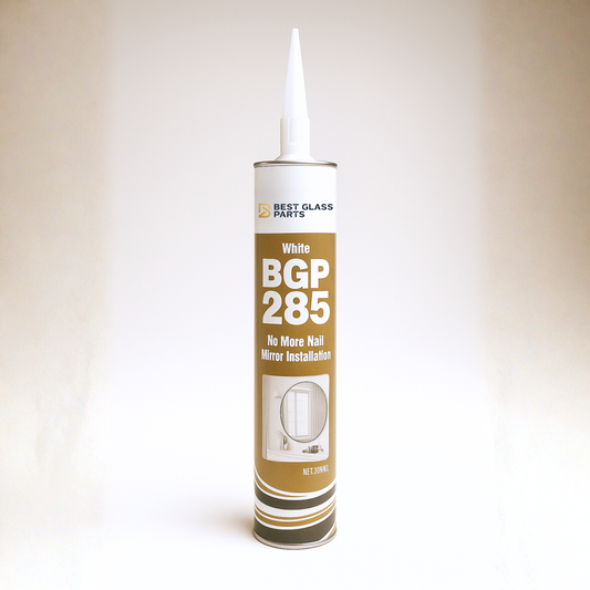 Heavy duty glue 285 from Best Glass Parts, shown in a clear container with its applicator tip for strong adhesive bonding.
